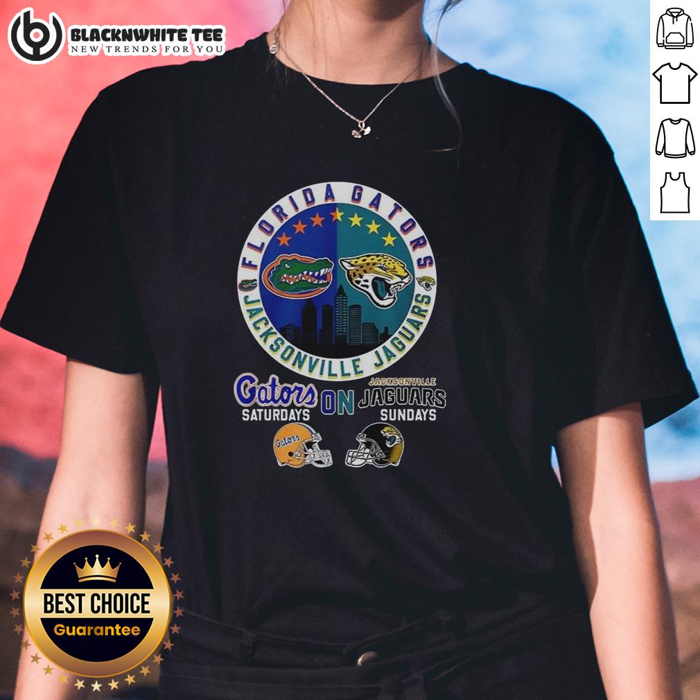 Hot Florida Gator On Saturdays And Jacksonville Jaguars On Sundays Logo Mashup Ladies-Tee Hot Florida Gator and Jacksonville Jaguars logo mashup on a ladies tee, perfect for game day fashion.