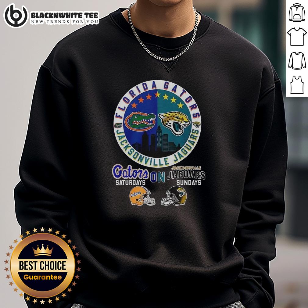 Hot Florida Gator On Saturdays And Jacksonville Jaguars On Sundays Logo Mashup Sweatshirt Hot Florida Gator and Jacksonville Jaguars logo mashup sweatshirt design, perfect for game day style.