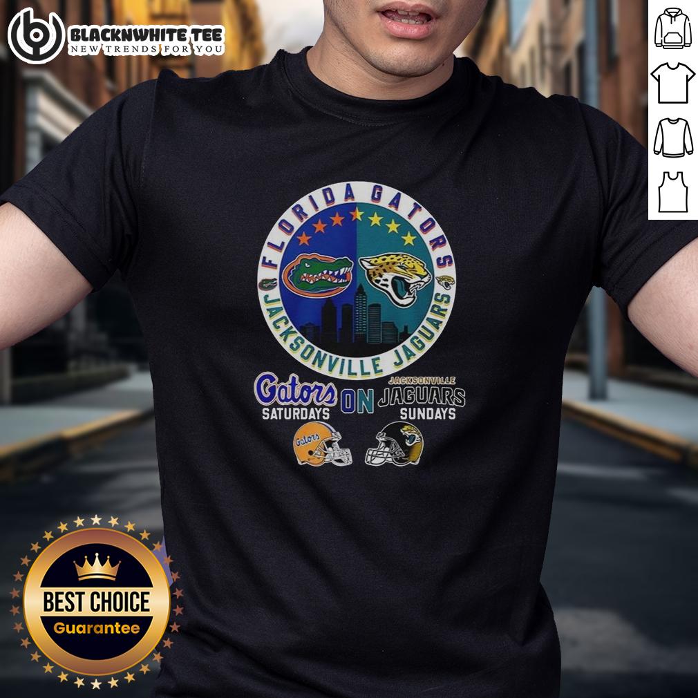 Hot Florida Gator On Saturdays And Jacksonville Jaguars On Sundays Logo Mashup T-Shirt Hot Florida Gator and Jacksonville Jaguars logo mashup T-shirt design for sports fans, perfect for game day attire.