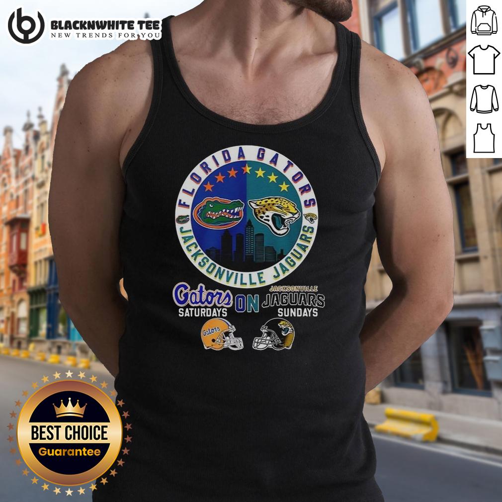 Hot Florida Gator On Saturdays And Jacksonville Jaguars On Sundays Logo Mashup Tank Top Hot Florida Gator and Jacksonville Jaguars logo mashup tank top design, perfect for game days and sports fans.