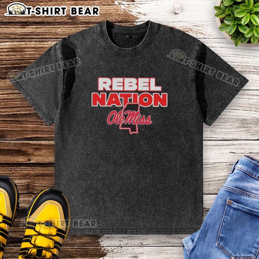 Hot Ole Miss Rebel Nations Mississippi Outline Washed T Shirt Alt Text: Hot Ole Miss Rebel Nations Mississippi outline washed t-shirt in navy blue, perfect for fans and casual wear.