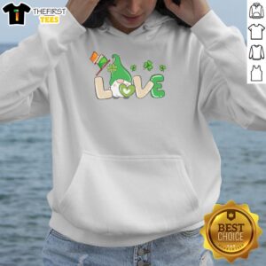 Alt Text: Pretty Love St. Patrick's Day gnome with shamrock clover design on a cozy Irish hoodie, perfect for festive celebrations.
