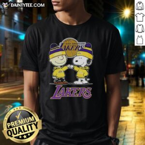 Good Charlie Brown Touch Hand Snoopy X Los Angeles Lakers Logo T-Shirt featuring playful design and vibrant colors.