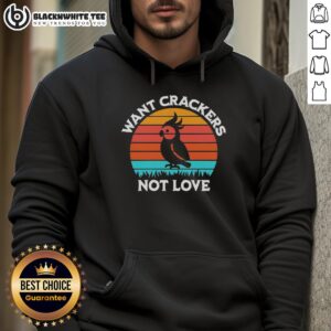 Hot cockatiel in a retro hoodie, playfully wanting crackers against a sunset backdrop, showcasing vibrant colors and charm.