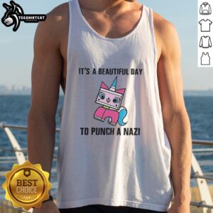 Original 'It's A Beautiful Day To Punch A Nazi' Princess Unikitty tank top featuring vibrant colors and bold graphic design.