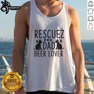 Hot Rescuez Dad in a Beer Lover tank top with a rescue dog, perfect for dog lovers and summer outings.