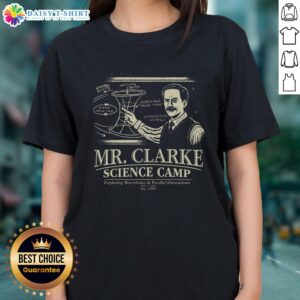 Pretty Mr. Clarke's Science Camp ladies tee featuring a stylish design perfect for science enthusiasts and camp lovers.