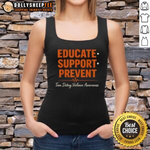 Heartbeat tank top promoting awareness to prevent teen dating violence with the message 'Good Educate Support Prevent'.