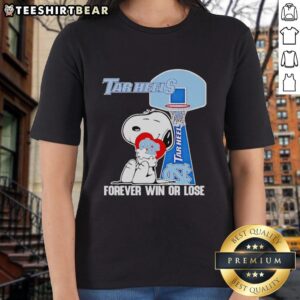 Premium Peanuts Snoopy Forever Win or Lose North Carolina Tar Heels Basketball Ladies Tee in vibrant blue.