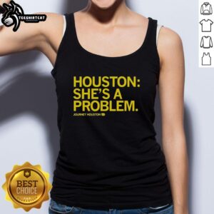 Alt Text: Woman wearing a Top Houston She's A Problem Journey tank top, showcasing trendy Houston fashion.