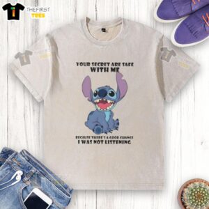 Cute Stitch t-shirt with 'Your secrets are safe with me' quote, perfect for casual wear and fun conversations.