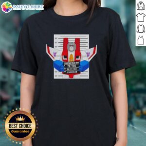 Official Starscream Cybertron Police Dept mugshot on a stylish ladies tee, perfect for Transformers fans.