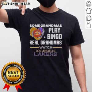 Awesome 'Real Grandmas Watch Los Angeles Lakers' T-shirt showcasing grandmas enjoying bingo and basketball fun.