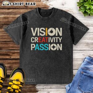 Good Vision Creativity Passion graphic art on a washed t-shirt, showcasing vibrant design and stylish casual wear.