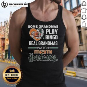 Real grandmas in Miami Hurricanes tank tops enjoying a fun bingo game, showcasing team spirit and community bonding.