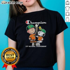 Alt Text: Awesome Charlie Brown and Snoopy 2025 CFP National Championship Miami Hurricanes ladies tee shirt design.