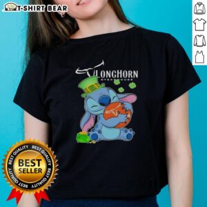 Alt Text: Pretty Stitch women's tee featuring the Texas Longhorn Steakhouse logo for a festive Happy St. Patrick's Day.