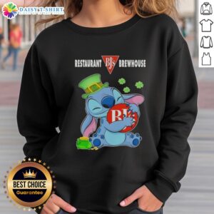 Cute Stitch Hug sweatshirt featuring BJ's Brewhouse logo for a Happy St. Patrick's Day celebration.