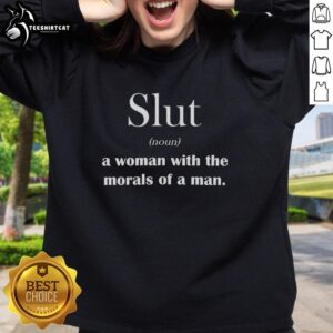 Woman wearing an 'Original Slut' sarcastic sweatshirt, showcasing bold humor and gender commentary in fashion.