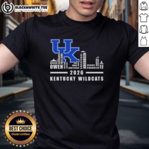 Pretty 2026 Kentucky Wildcats T-Shirt featuring all names and a city skyline design, perfect for fans and collectors.