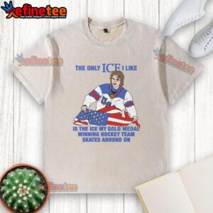 Men's hockey washed t-shirt featuring the phrase The only ice I like is the ice my gold medal-winning hockey team skates on.