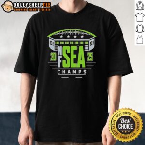Alt Text: 2025 Seattle Seahawks NFC Champions T-Shirt featuring four stars, perfect for fans supporting the team.