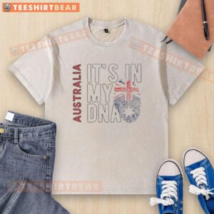 Official Australia It's In My DNA fingerprint flag washed t-shirt showcasing vibrant Australian flag design.
