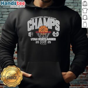 Official Utah State Aggies Mens Basketball 2025 Mountain West Champions Hoodie in navy blue with logo design.