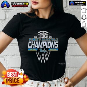 Alt Text: UCLA Bruins 2026 Big Ten Women's Basketball Champions locker room ladies tee featuring team logo and winning design.