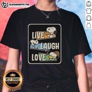 Cute Snoopy loves to live and laugh on a stylish ladies tee, perfect for casual and fun outfits.