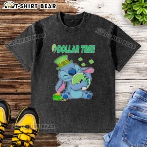 Official Stitch St. Patrick's Day Hug Dollar Tree logo on a washed t-shirt, perfect for festive celebrations.