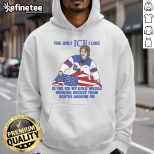 Alt Text: Men's hockey hoodie featuring a playful quote about enjoying ice from a gold medal-winning hockey team.