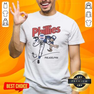 Alt Text: Official Topps Philadelphia Phillies Raglan T-Shirt featuring team colors and logo, perfect for baseball fans.