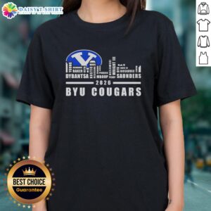Alt Text: Premium 2026 BYU Cougars ladies tee featuring city skyline design and all names, perfect for fans and fashion.