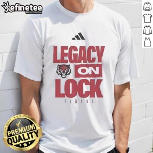 Original Adm Tigers Legacy On Lock Buzzer Beater T-Shirt featuring a bold design and vibrant team colors for fans.