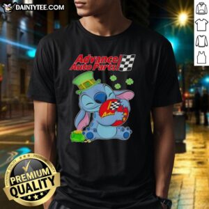 Happy St. Patrick's Day T-Shirt featuring Nice Stitch Hug Advance Auto Parts Logo in vibrant green colors.