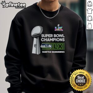 Alt Text: Official Seattle Seahawks Super Bowl LX Champions trophy sweatshirt showcasing team pride and celebration.