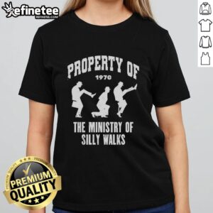 Silhouette of the Ministry of Silly Walks on a 1970 ladies tee, showcasing a unique and playful design.