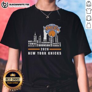 Alt Text: Pretty 2026 New York Knicks All Names City Skyline Ladies Tee featuring vibrant skyline and team spirit design.