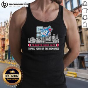 Pretty 2026 Toronto Blue Jays baseball tank top featuring city skyline and all player names for fans.