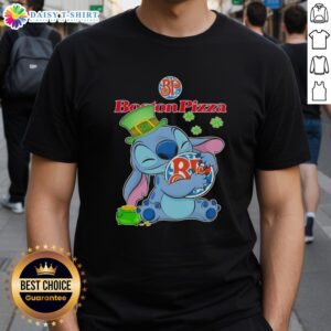 Alt Text: Cute Stitch hugging the Boston Pizza logo on a Happy St. Patrick's Day T-shirt, perfect for festive celebrations.