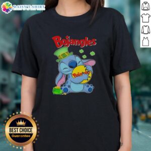 Alt Text: Cute Stitch hugging the Bojangles logo on a Happy St. Patrick's Day ladies tee shirt design.