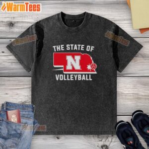 Alt Text: Official The State of Nebraska Cornhuskers Volleyball washed t-shirt featuring team colors and logo, perfect for fans.