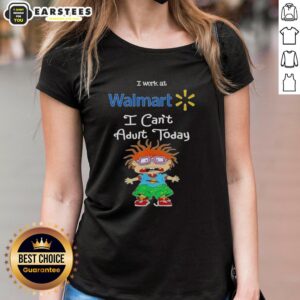 Alt Text: Awesome Chuckie Finster I Work At Walmart I Can't Adult Today Ladies Tee featuring a fun cartoon design and vibrant colors.