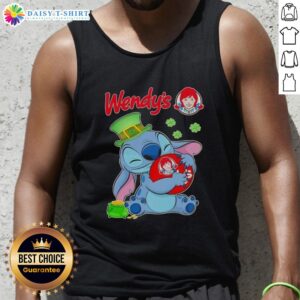 Cute Stitch character hugging a St. Patrick's-themed Wendy's logo tank top for festive style.