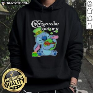 Happy St. Patrick's Day hoodie featuring Nice Stitch Hug and The Cheesecake Factory logo, perfect for festive celebrations.