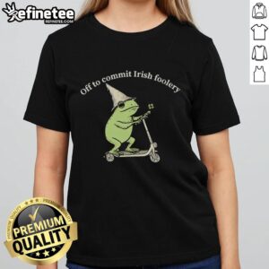 Pretty Frog Off to Commit Irish Foolery Ladies Tee featuring a playful frog design for St. Patrick's Day fun.