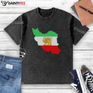 Alt Text: Premium Iran Map Lion and Sun Persian Heritage logo on a washed t-shirt, showcasing cultural pride and style.
