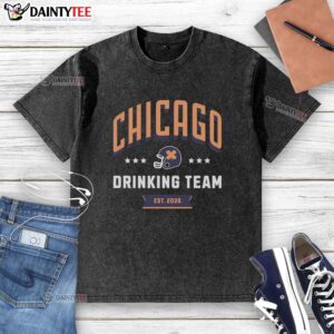 Alt Text: Awesome Chicago Drinking Team Est 2026 Helmet Washed T-Shirt featuring a vintage helmet design for fun outings.