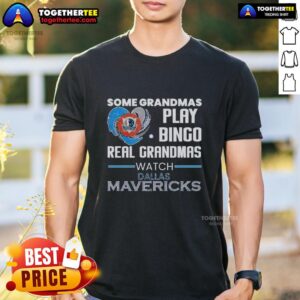 Alt Text: Awesome 'Real Grandmas Watch Dallas Mavericks' T-shirt featuring a fun bingo graphic, perfect for basketball-loving grandmas.
